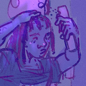 A digital illustration of an isometric bathroom, where Velvet is hydrating her locs and Shrimp is applying his T gel.